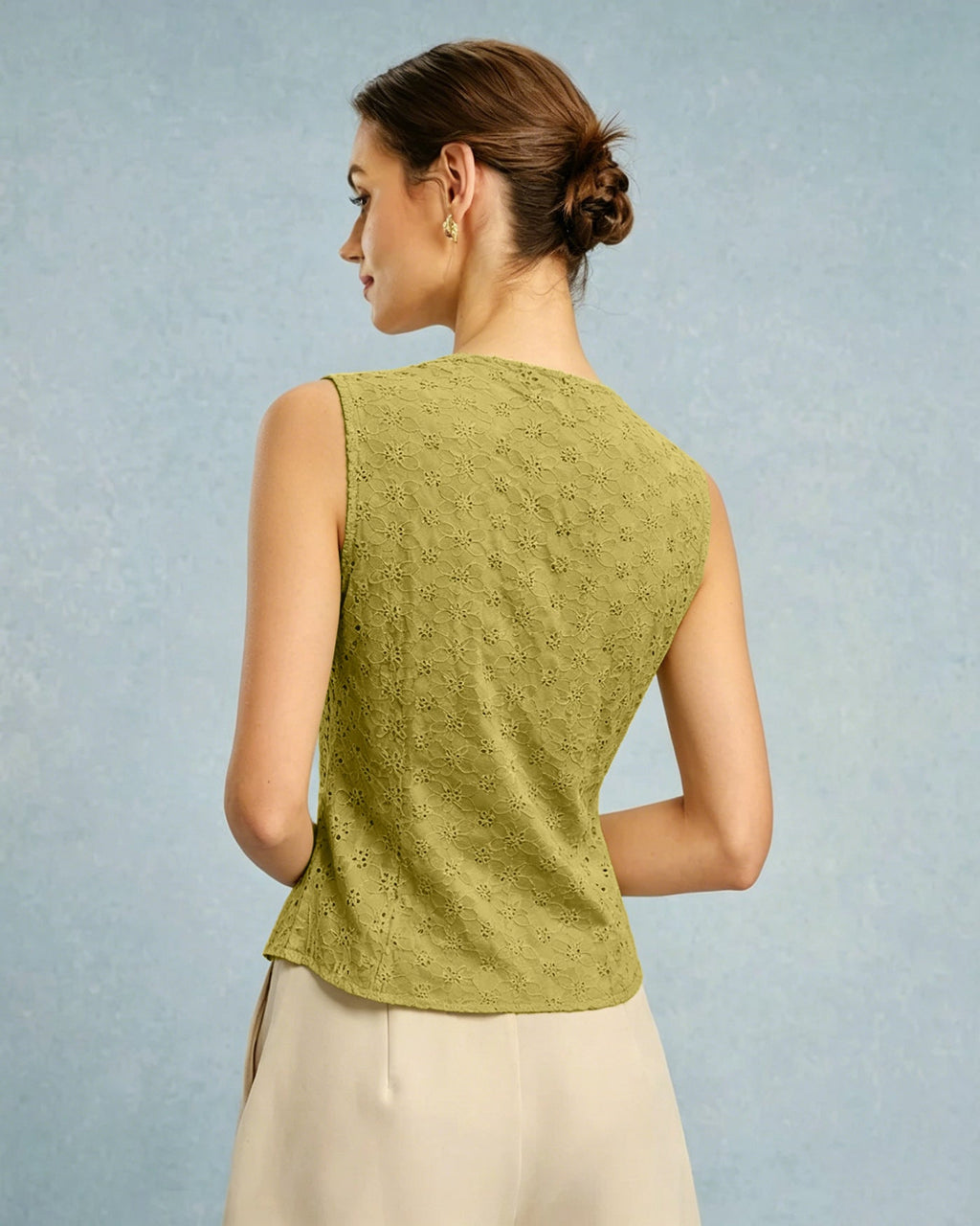 Floral Textured Green V-Neck Vest