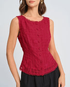 Red Jacquard Round Neck Tank Top
