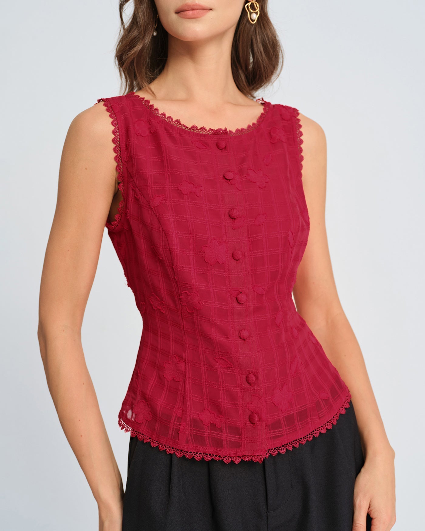 Red Jacquard Round Neck Tank Top