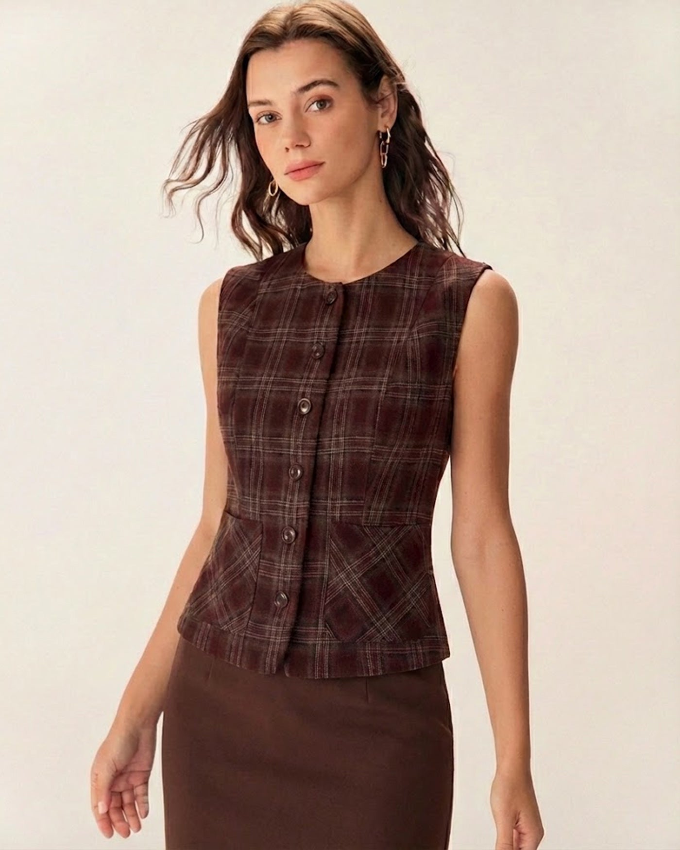Wine Red Plaid Single-Breasted Waistcoat