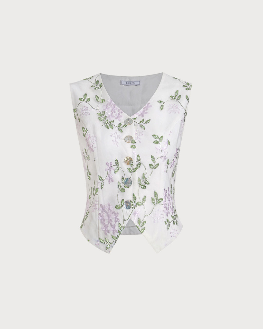 White Embroidered V-Neck Button-Up Vest
