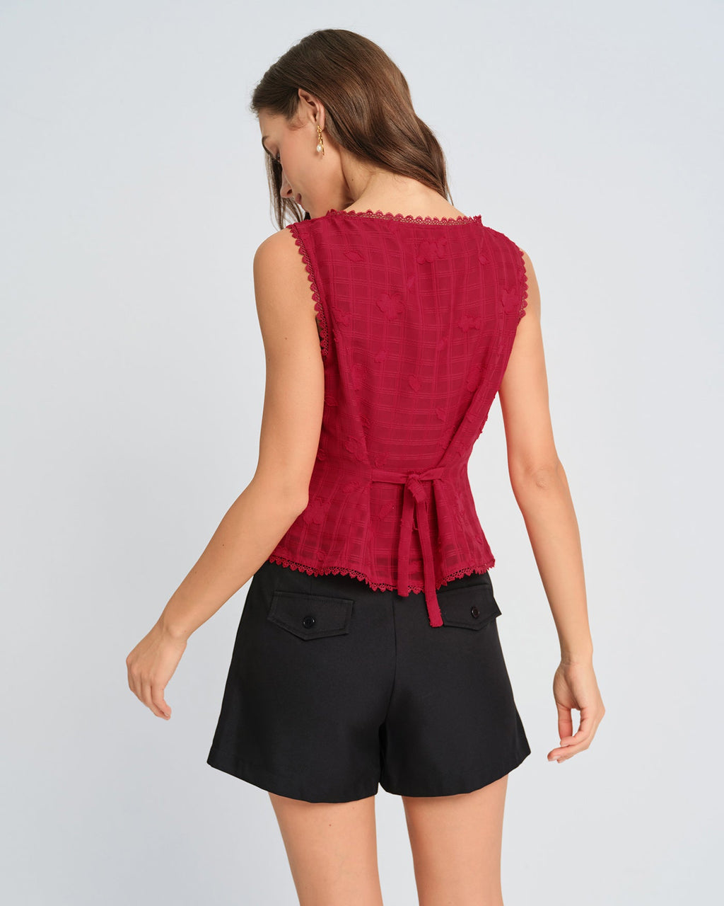 Red Jacquard Round Neck Tank Top