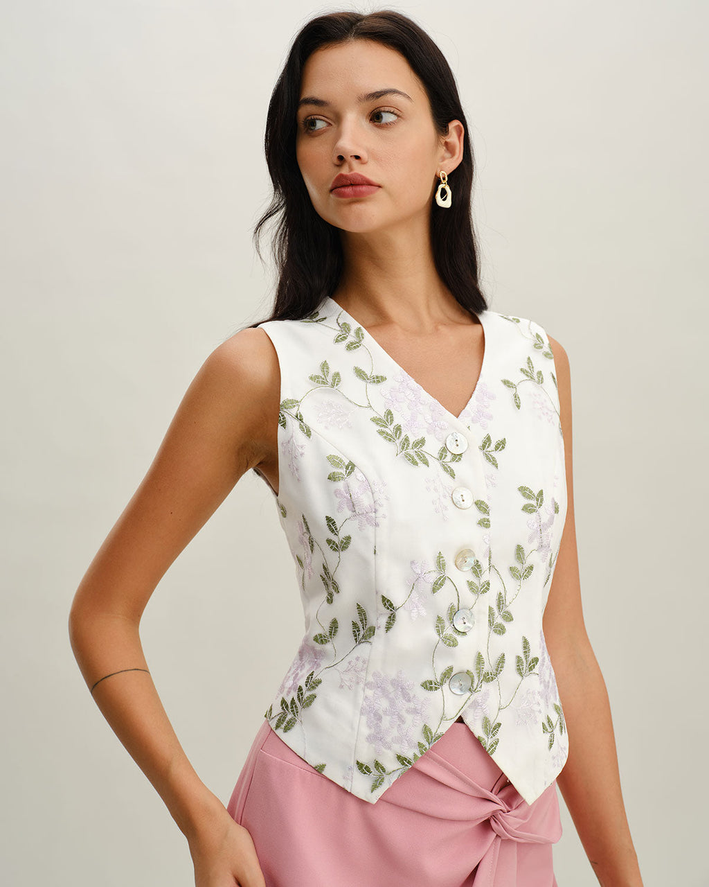 White Embroidered V-Neck Button-Up Vest