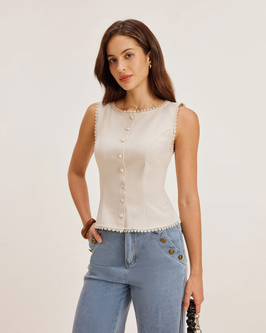 Apricot Button-Up Boat Neck Vest