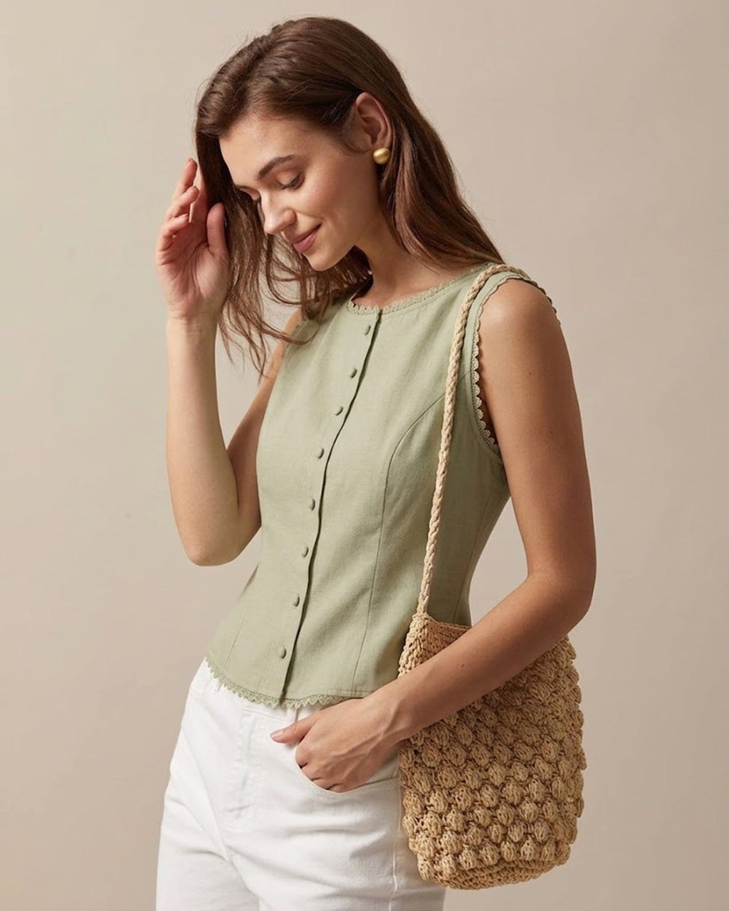Green Boat Neck Button-Up Vest