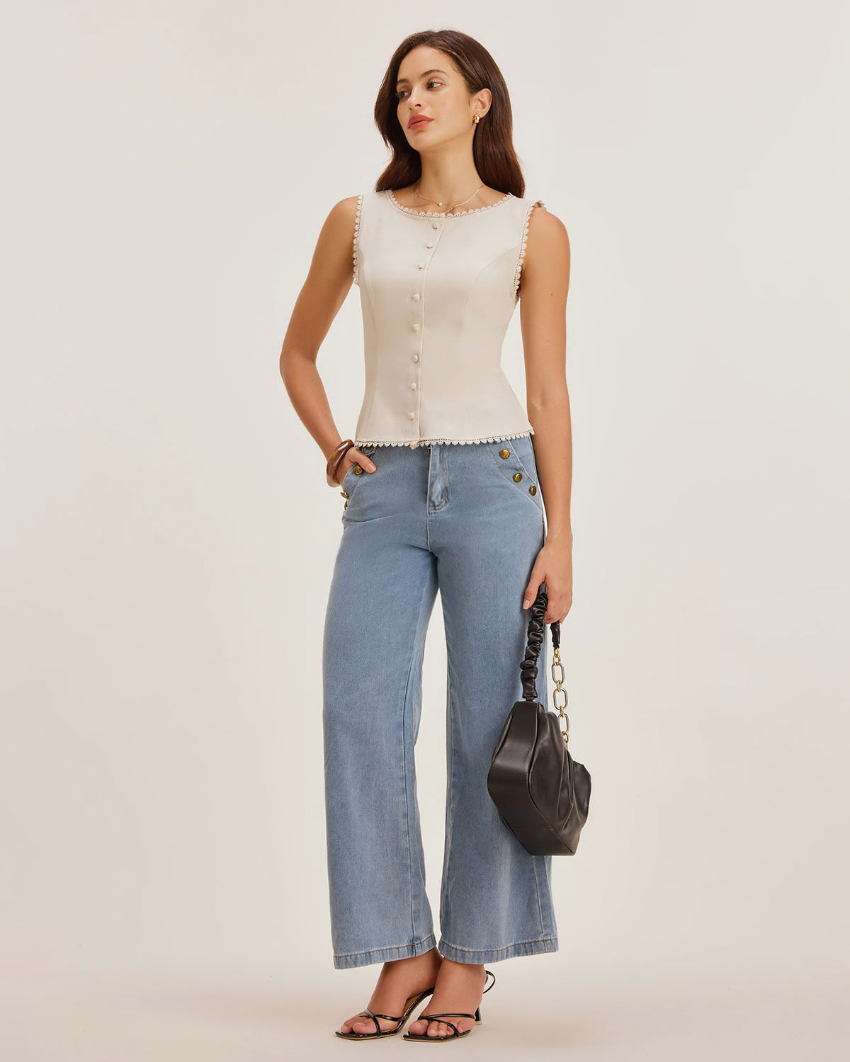 Apricot Button-Up Boat Neck Vest