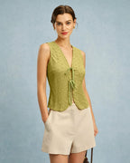 Floral Textured Green V-Neck Vest
