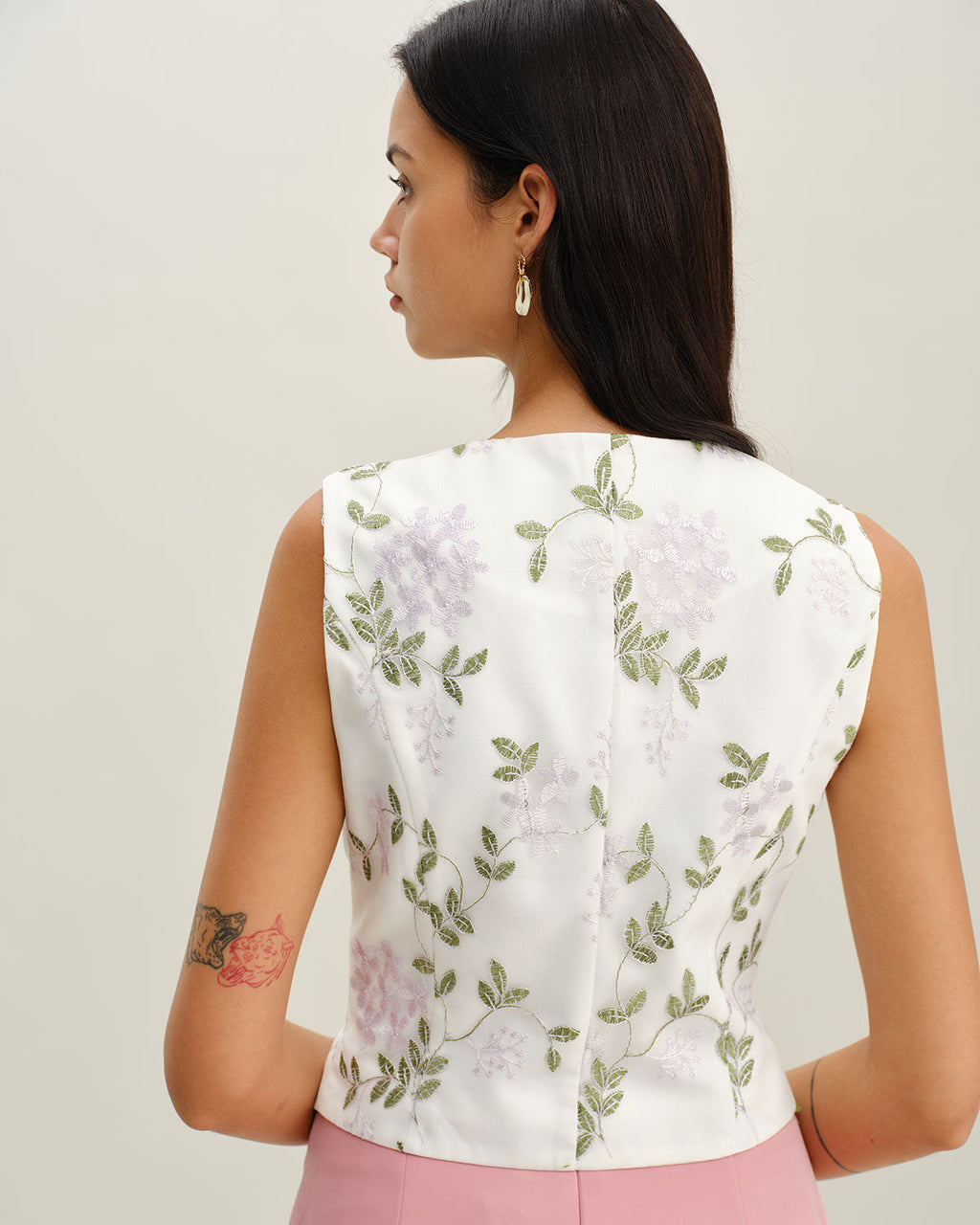 White Embroidered V-Neck Button-Up Vest