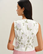 White Embroidered V-Neck Button-Up Vest