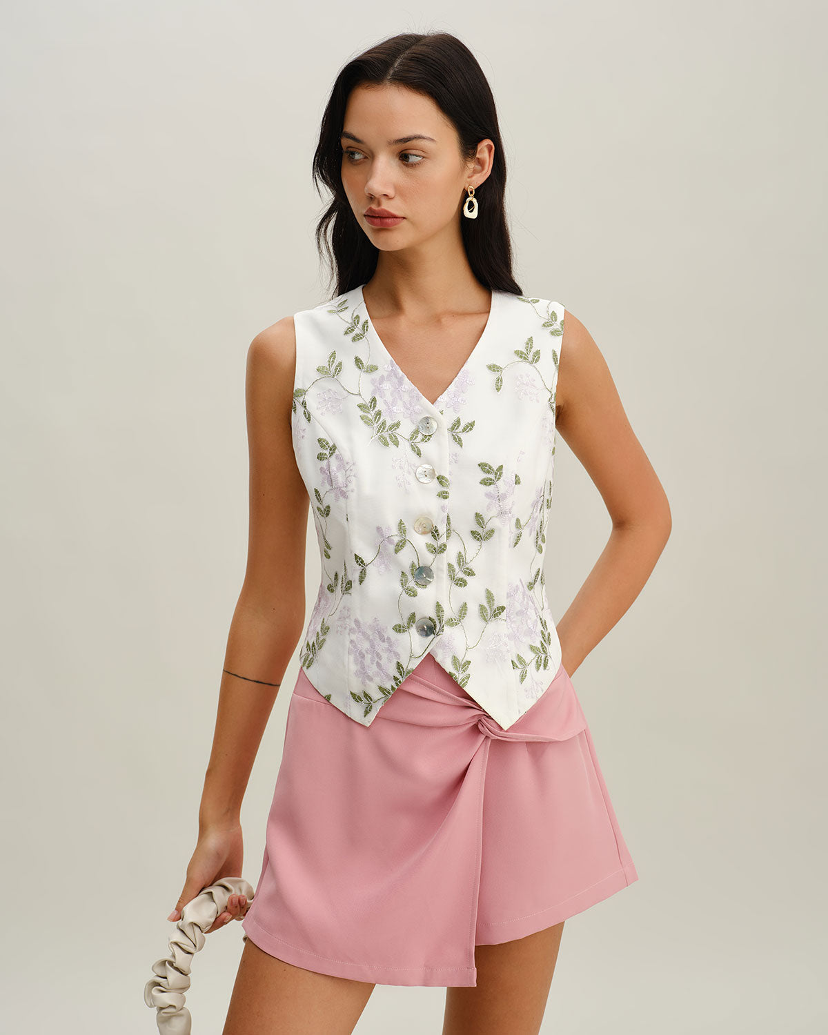 White Embroidered V-Neck Button-Up Vest