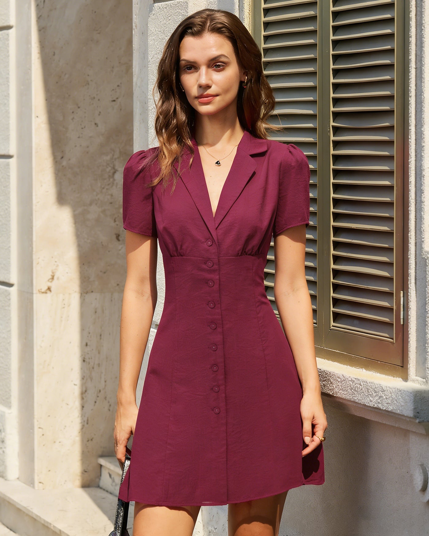 Red V-Neck Button-Up Mini Dress