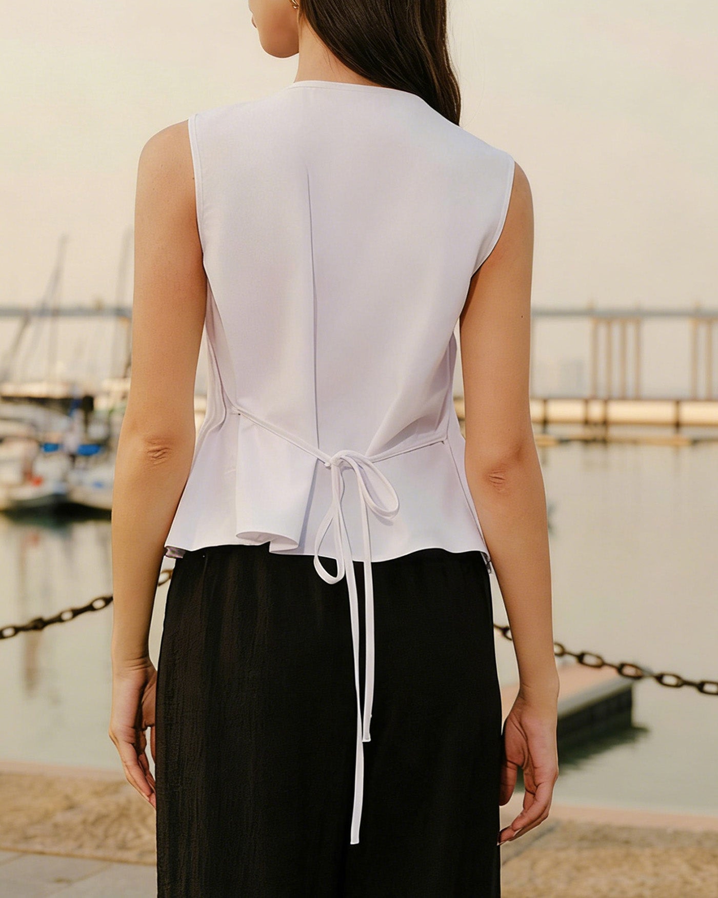 White Ruched Round Neck Tank Top