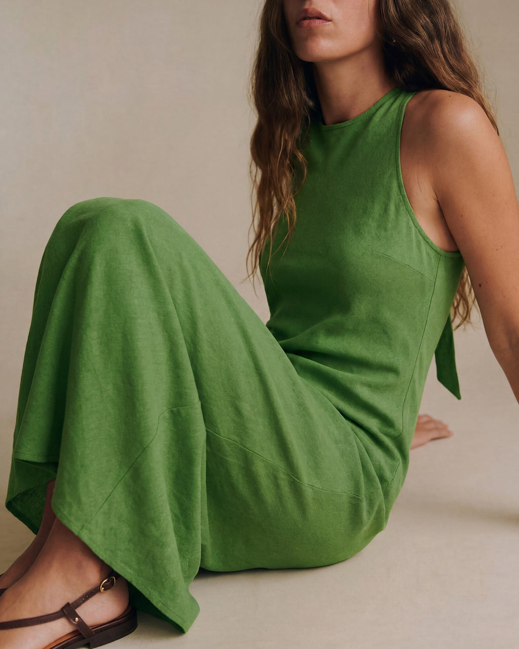 Green Maxi Dress with Round Neck and Tunic Style