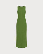 Green Maxi Dress with Round Neck and Tunic Style