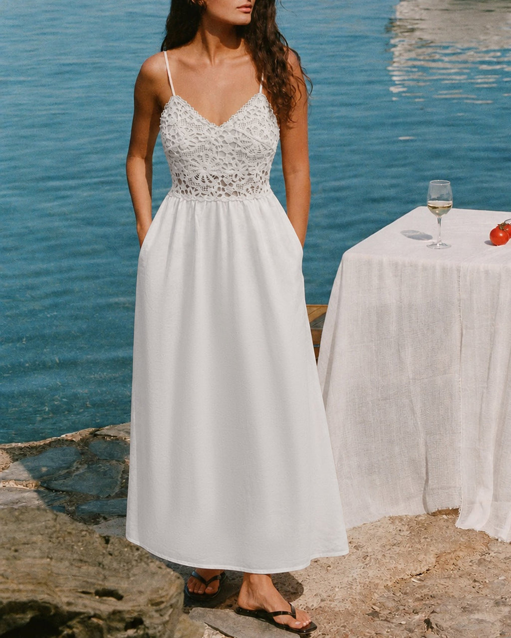 White Color-Blocked A-Line Maxi Dress