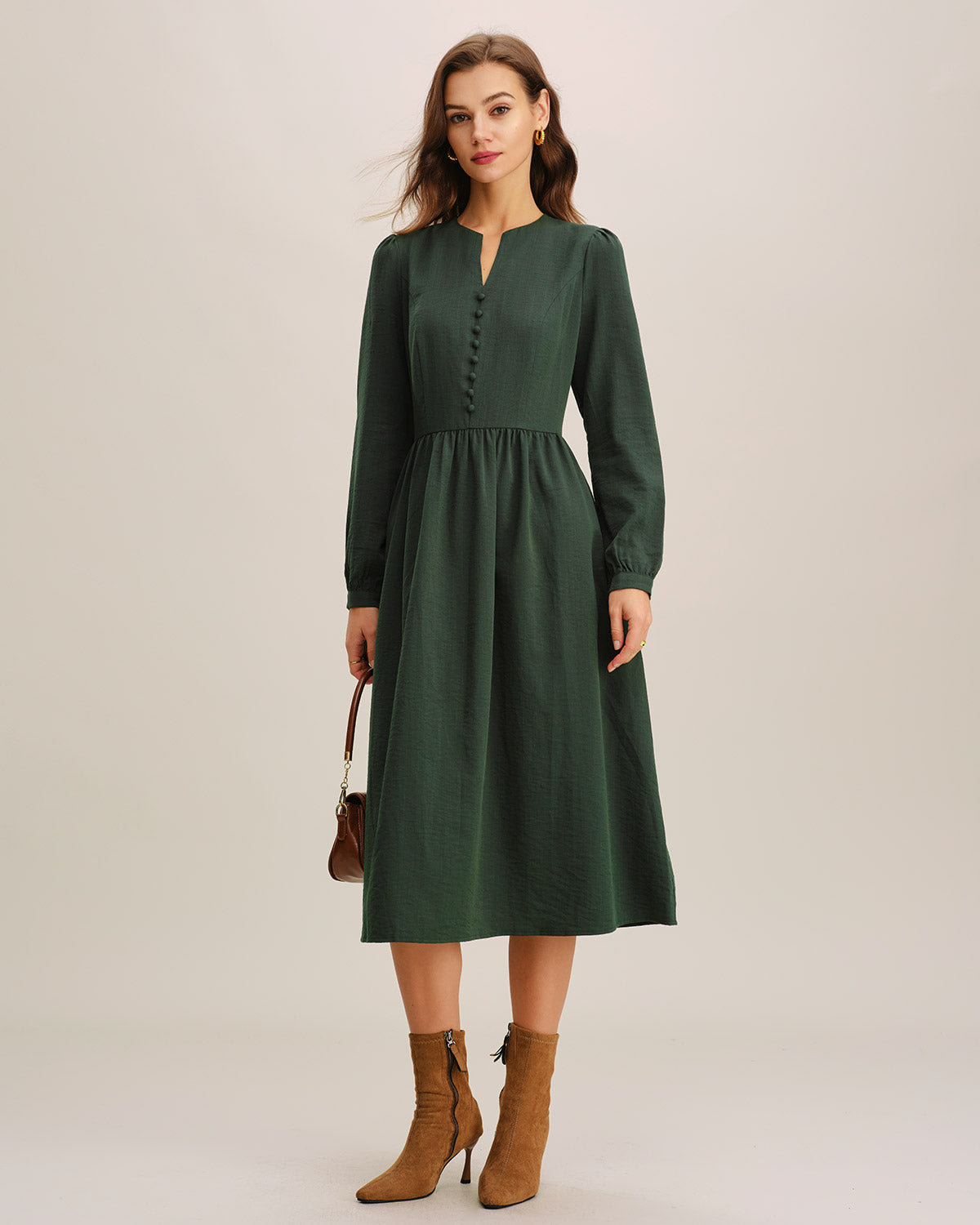 Pleated Midi Dress in Green A-Line Style