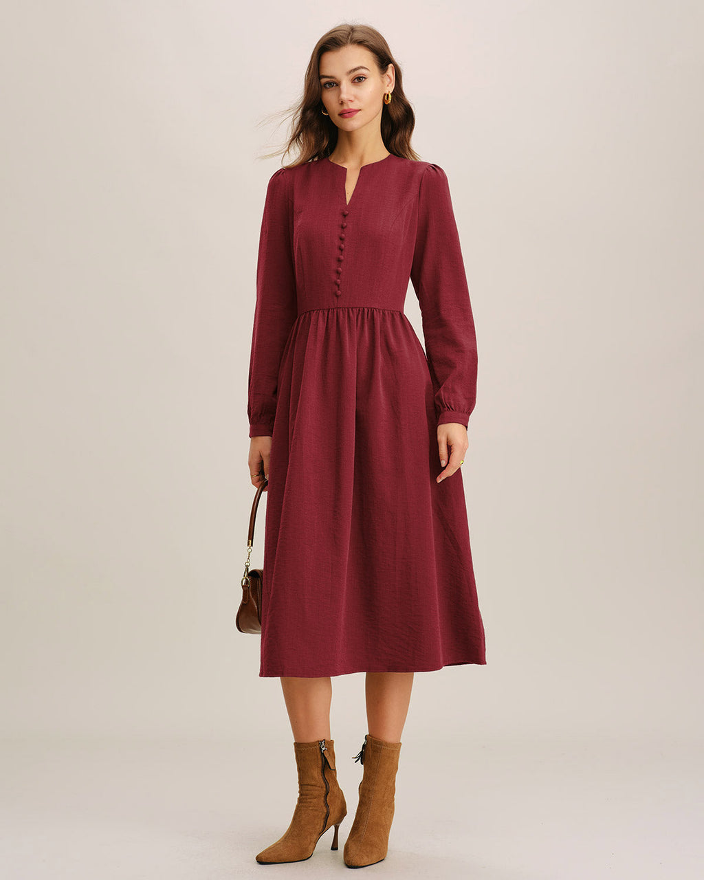 Crimson A-Line Midi Dress with French Sleeves