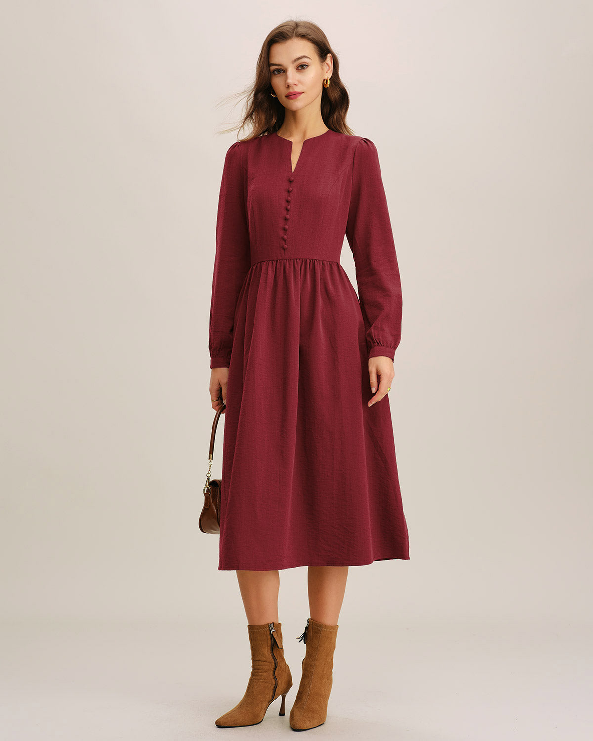 Crimson A-Line Midi Dress with French Sleeves