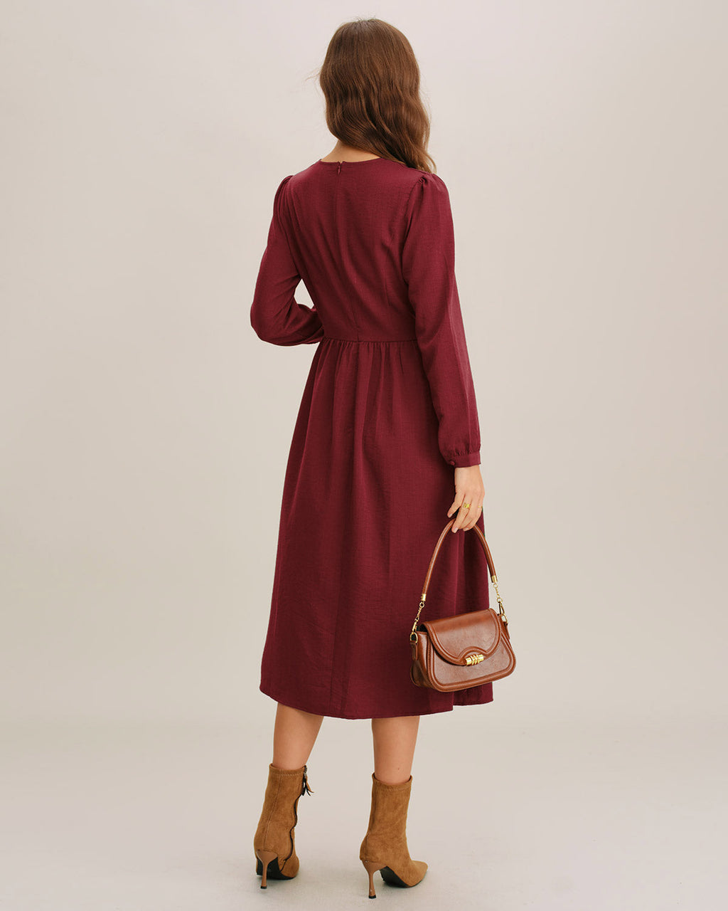 Crimson A-Line Midi Dress with French Sleeves