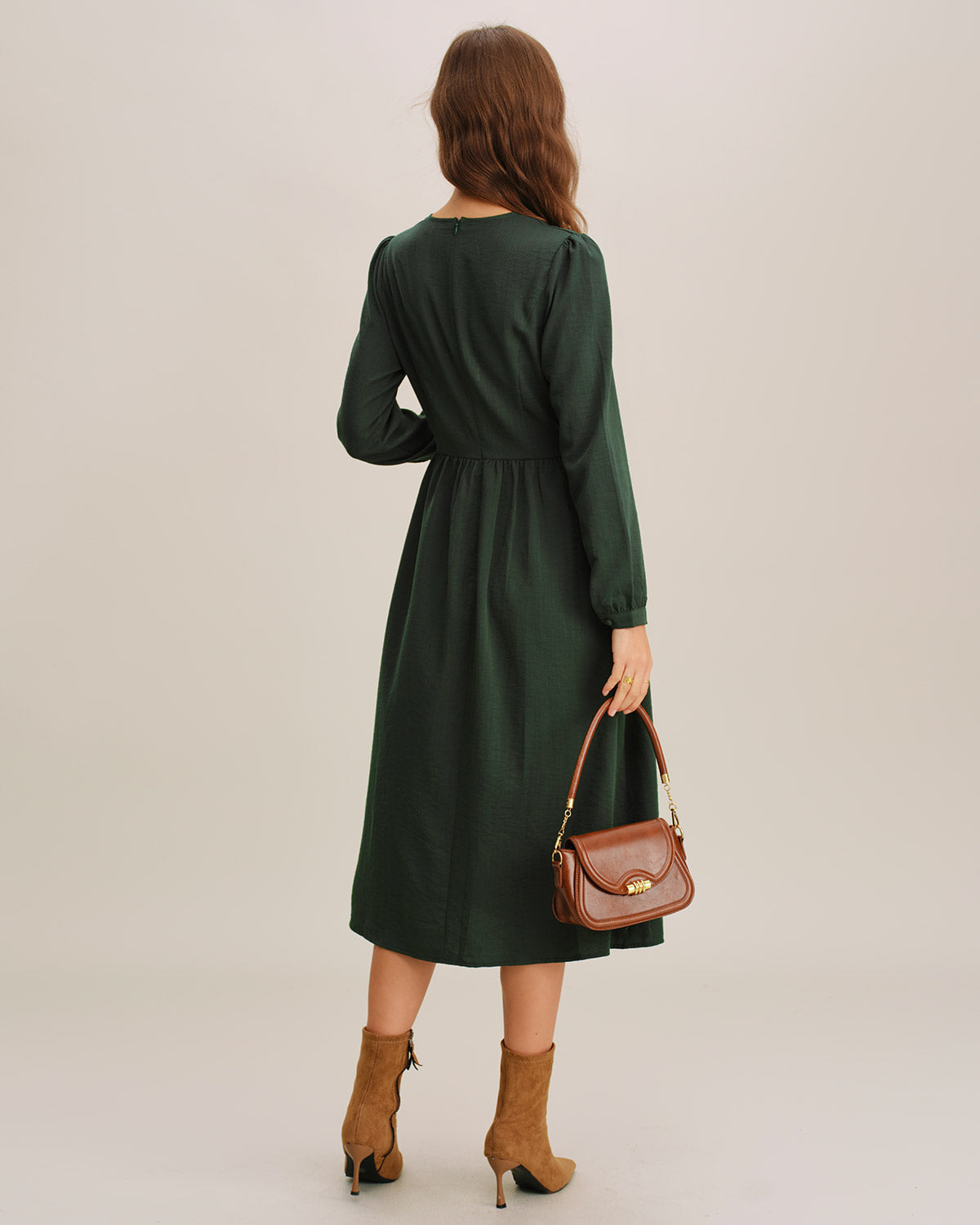 Pleated Midi Dress in Green A-Line Style