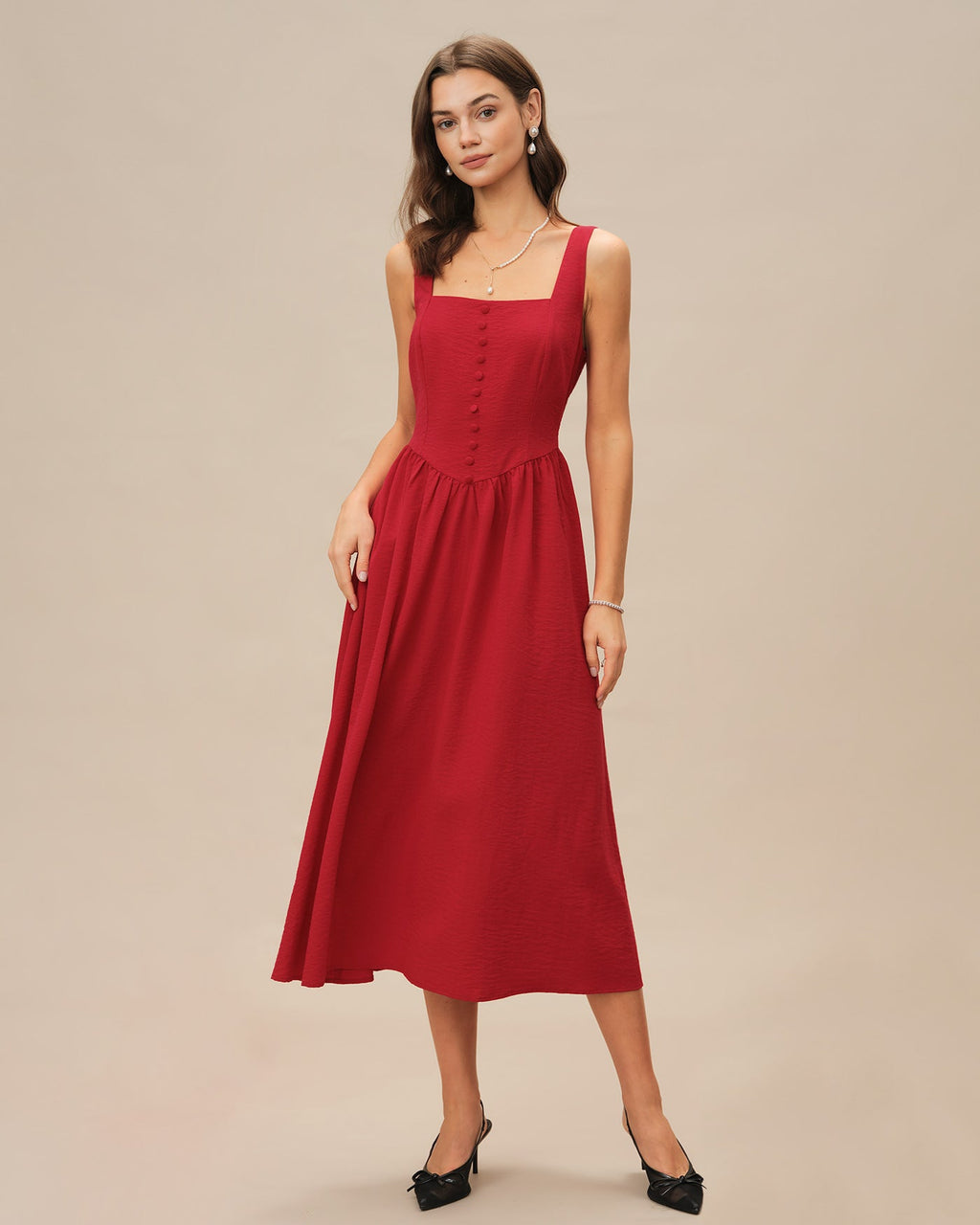 Crimson Square Neck Midi Dress