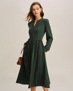 Pleated Midi Dress in Green A-Line Style