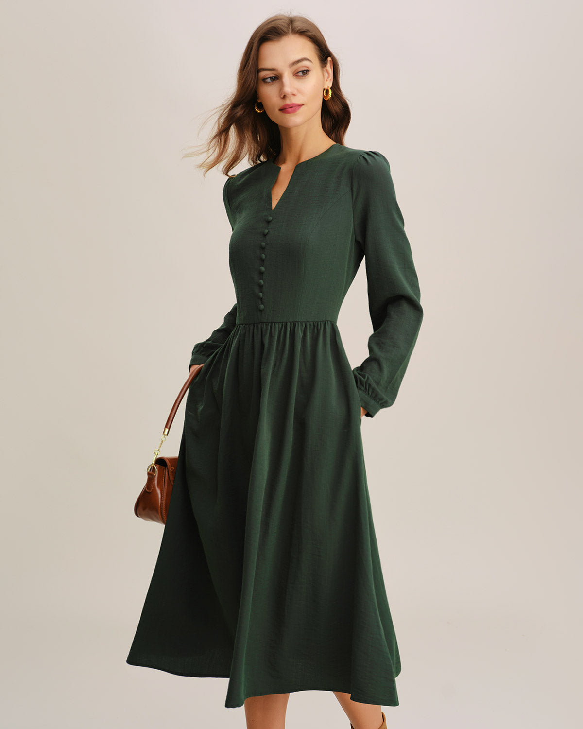 Pleated Midi Dress in Green A-Line Style