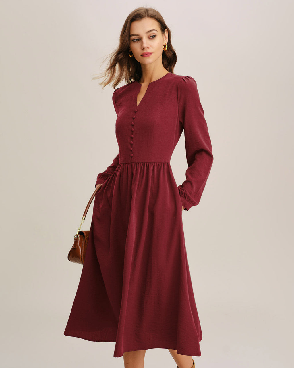 Crimson A-Line Midi Dress with French Sleeves