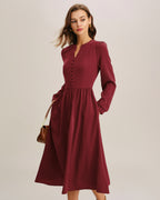 Crimson A-Line Midi Dress with French Sleeves