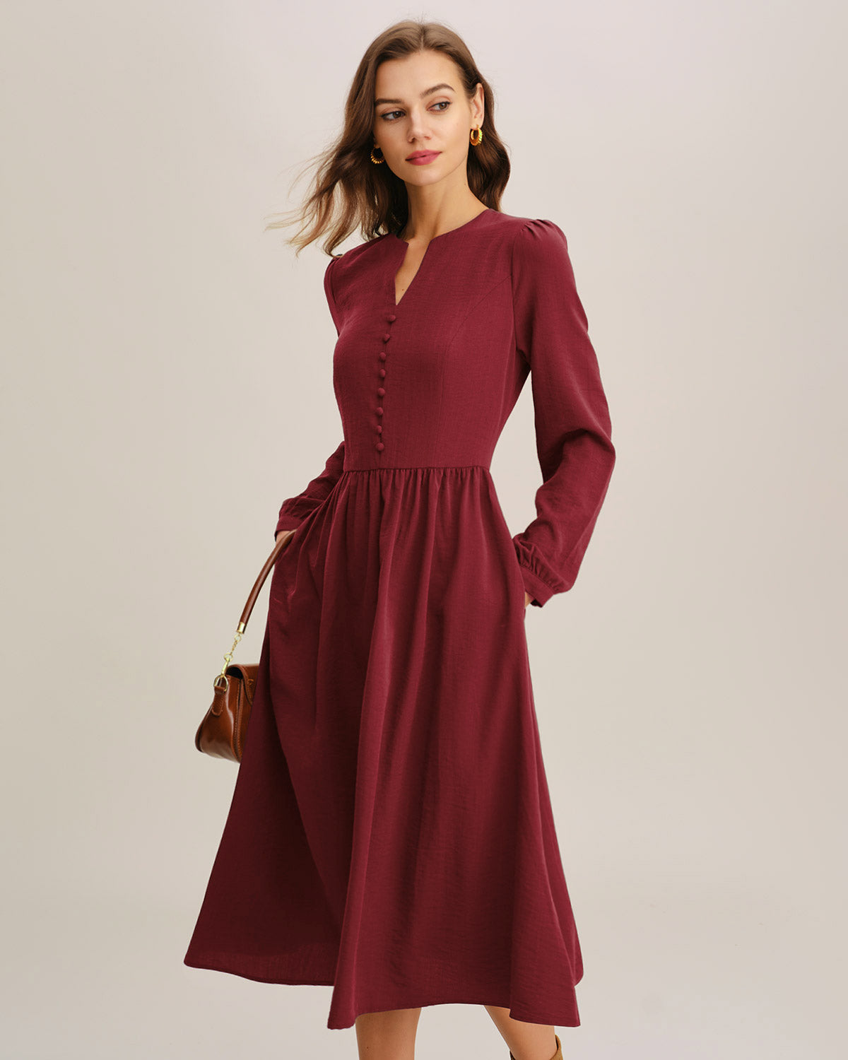 Crimson A-Line Midi Dress with French Sleeves