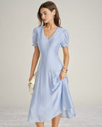 Sheer Blue V-Neck Midi Dress with Zipper Detail