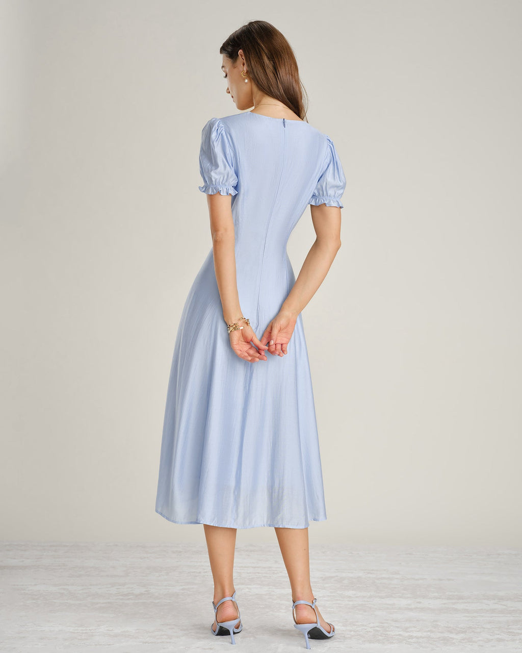 Sheer Blue V-Neck Midi Dress with Zipper Detail