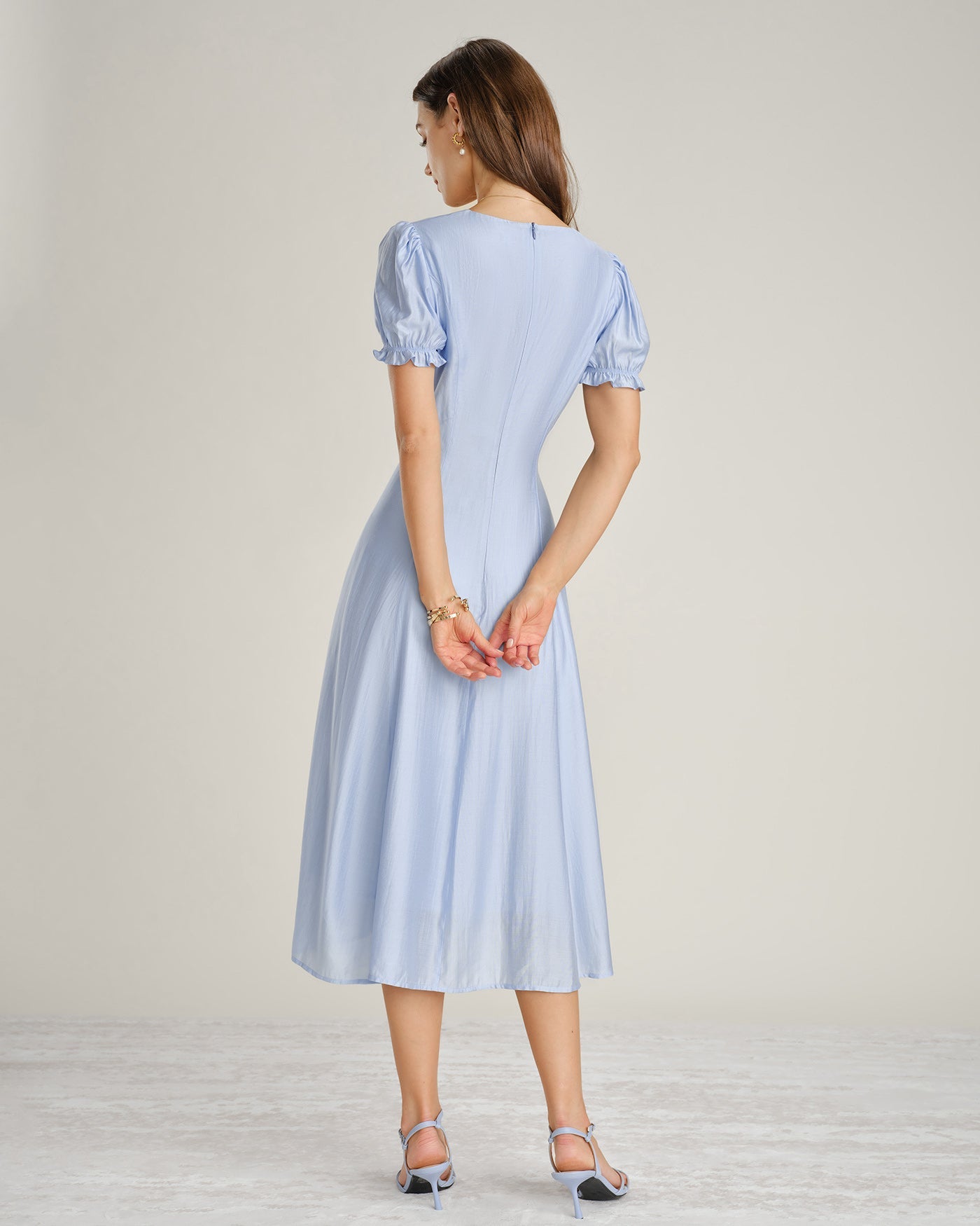 Sheer Blue V-Neck Midi Dress with Zipper Detail