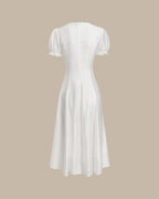 V-Neck Midi Dress with White Puffed Sleeves