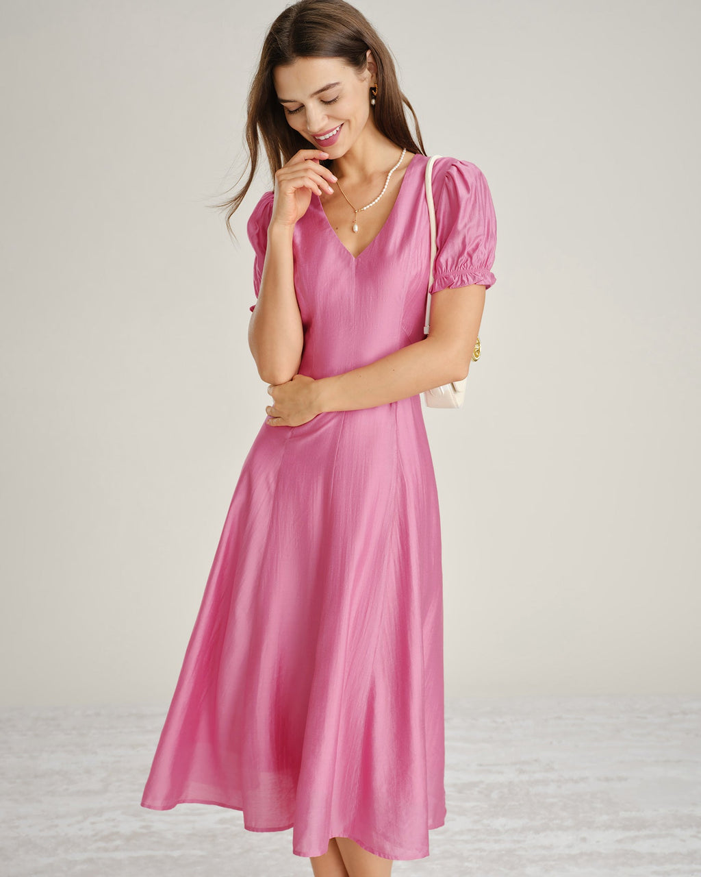 Sheer Midi Dress with Pink Puffed Sleeves
