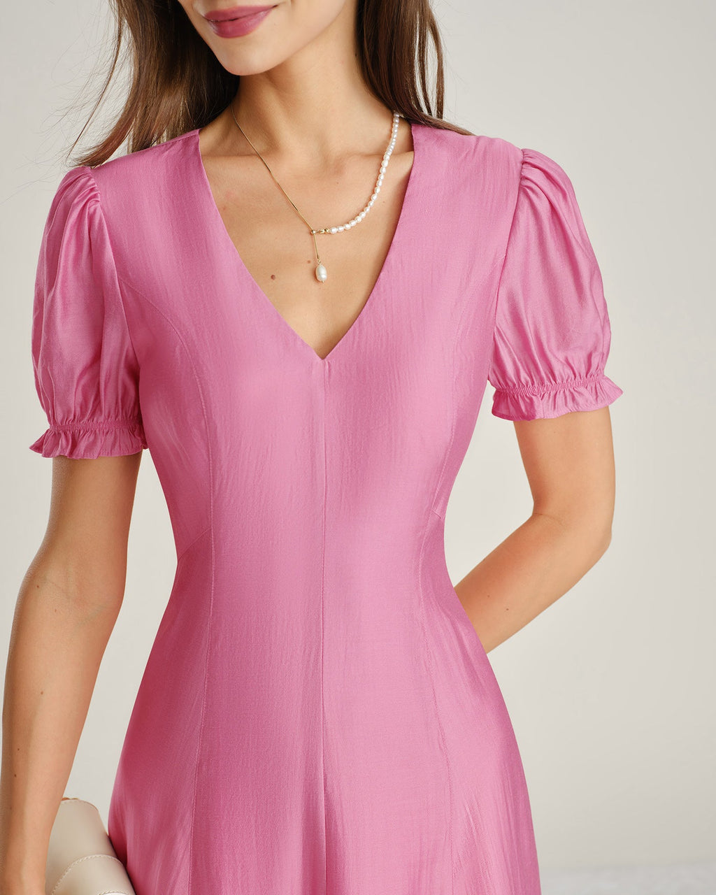 Sheer Midi Dress with Pink Puffed Sleeves