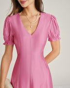 Sheer Midi Dress with Pink Puffed Sleeves