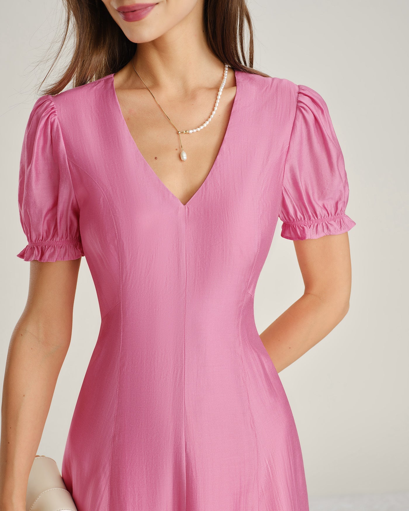 Sheer Midi Dress with Pink Puffed Sleeves