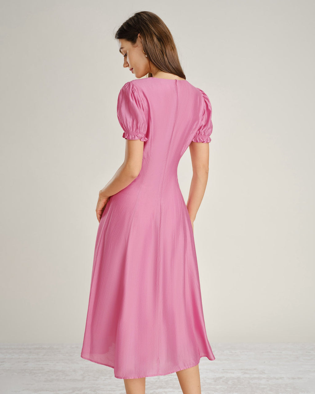 Sheer Midi Dress with Pink Puffed Sleeves