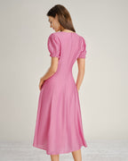 Sheer Midi Dress with Pink Puffed Sleeves