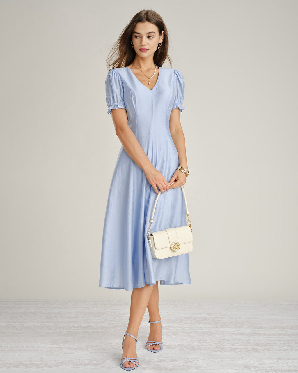 Sheer Blue V-Neck Midi Dress with Zipper Detail
