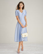 Sheer Blue V-Neck Midi Dress with Zipper Detail