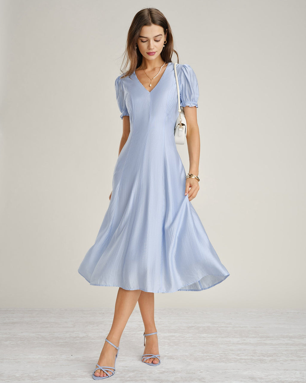 Sheer Blue V-Neck Midi Dress with Zipper Detail