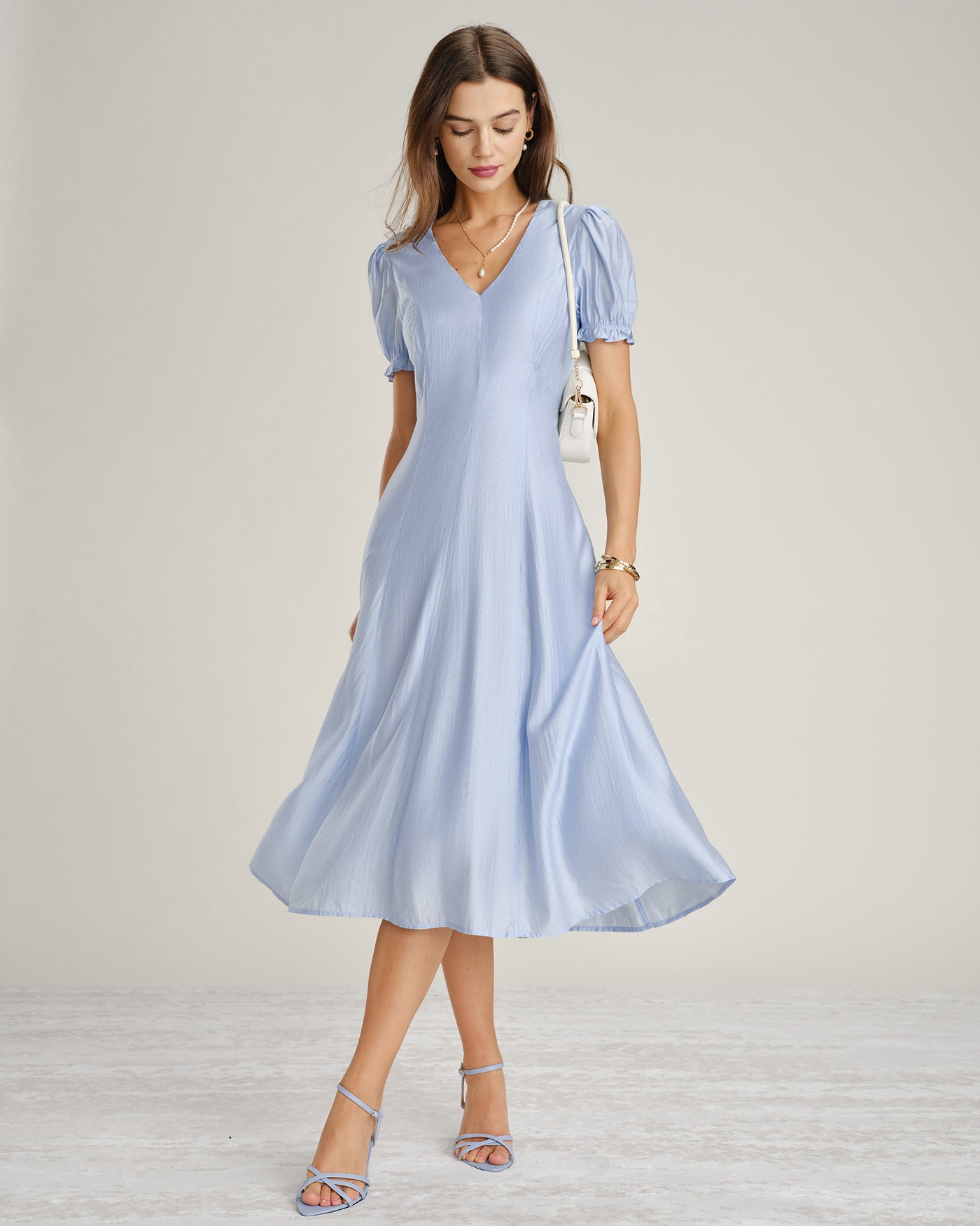 Sheer Blue V-Neck Midi Dress with Zipper Detail