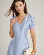 Sheer Blue V-Neck Midi Dress with Zipper Detail