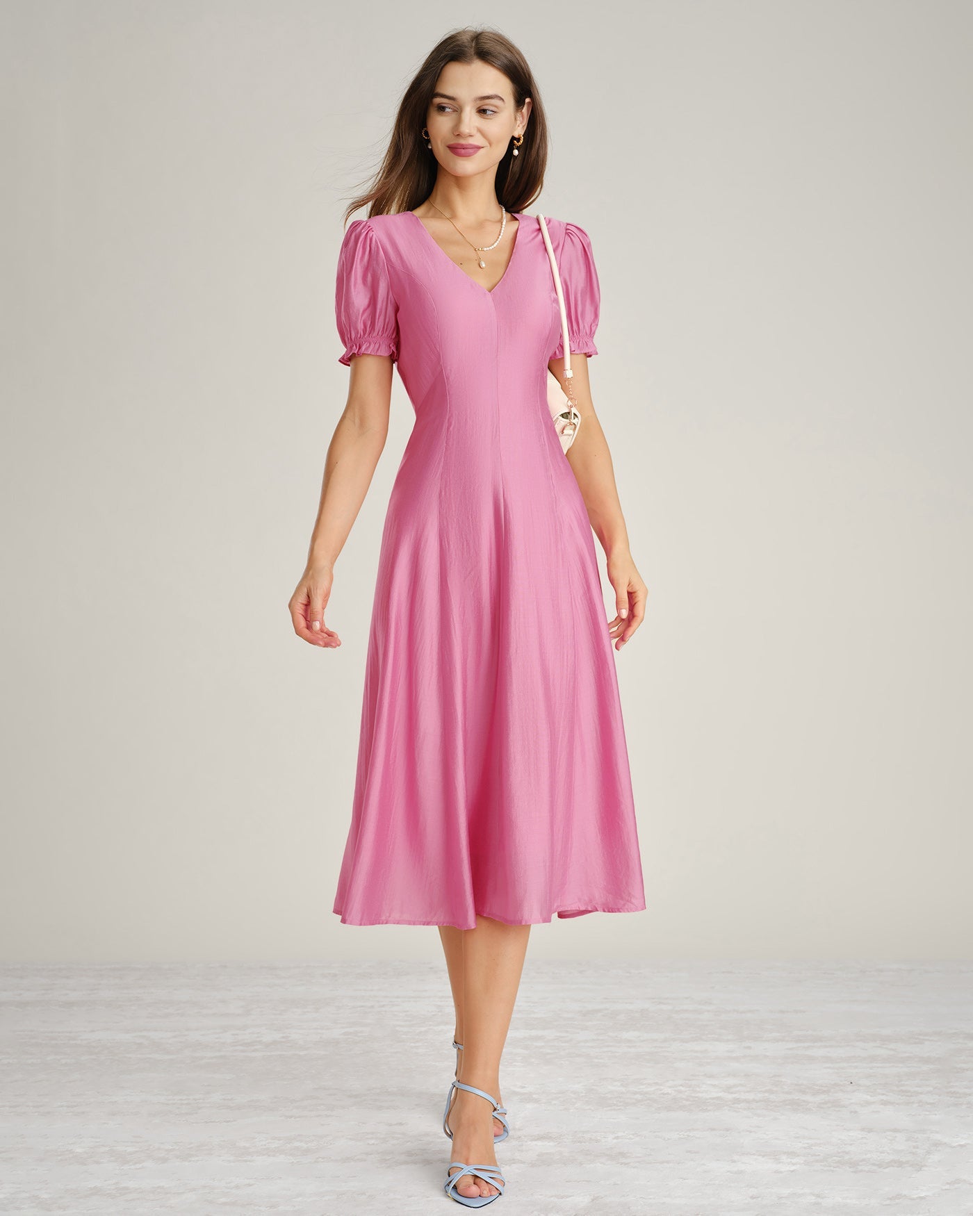 Sheer Midi Dress with Pink Puffed Sleeves