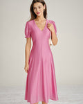 Sheer Midi Dress with Pink Puffed Sleeves