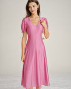 Sheer Midi Dress with Pink Puffed Sleeves
