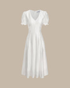 V-Neck Midi Dress with White Puffed Sleeves