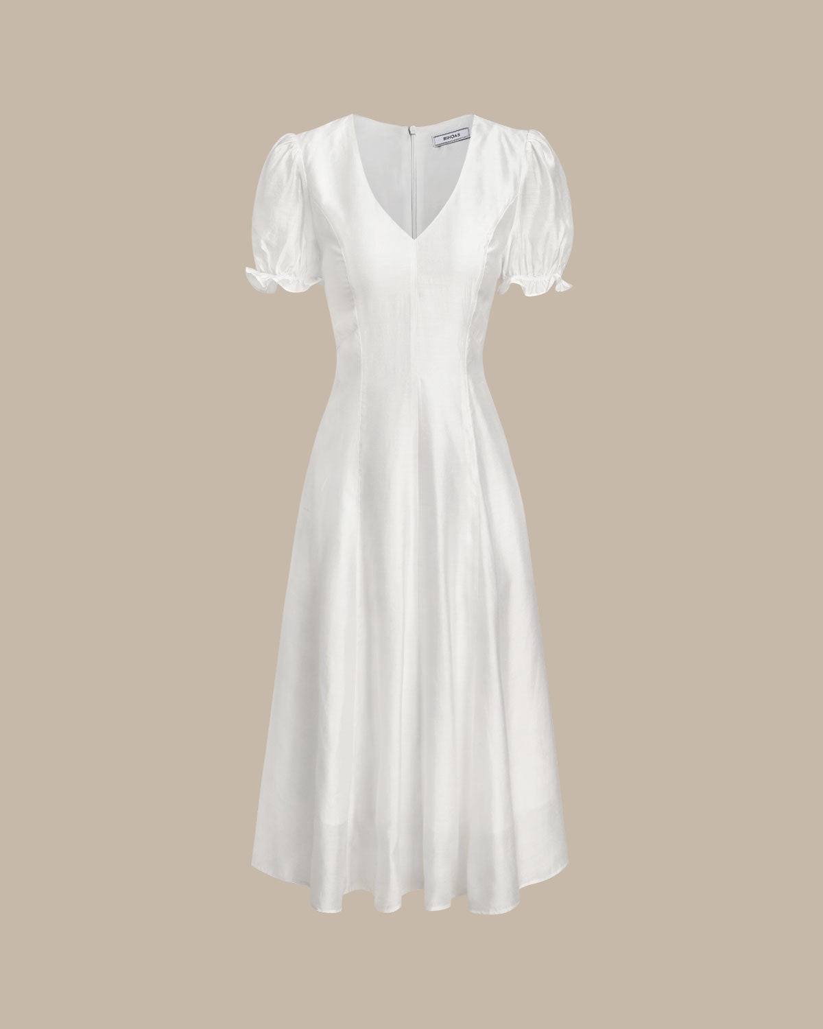 V-Neck Midi Dress with White Puffed Sleeves
